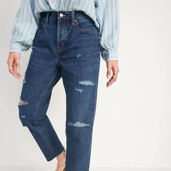 Old Navy High-Waisted Slouchy Straight Cropped Ripped Dark-Wash Jeans for Women - Picture 1 of 7